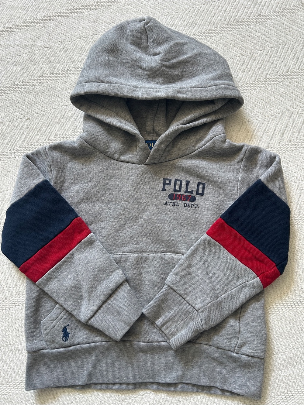 Polo by Ralph Lauren Gray Hoodie with Navy and Red Sleeve Stripes